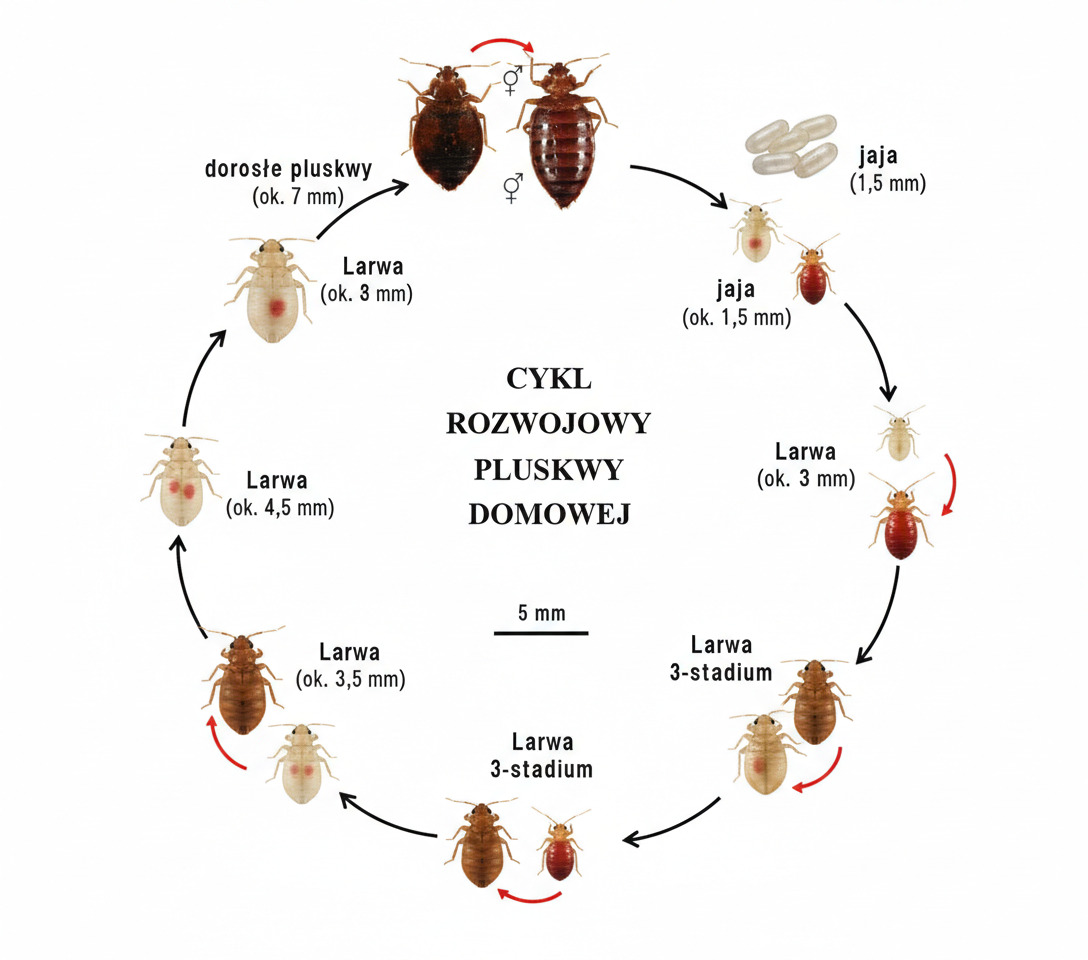 Cykl rozwojowy pluskwy domowej – jajo, nimfa, osobnik dorosły