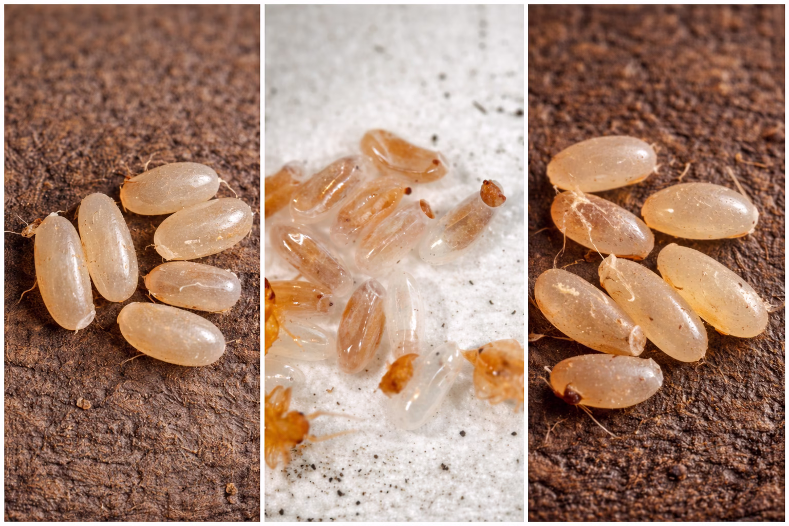 Jaja pluskwy domowej w zbliżeniu makro na różnych powierzchniach